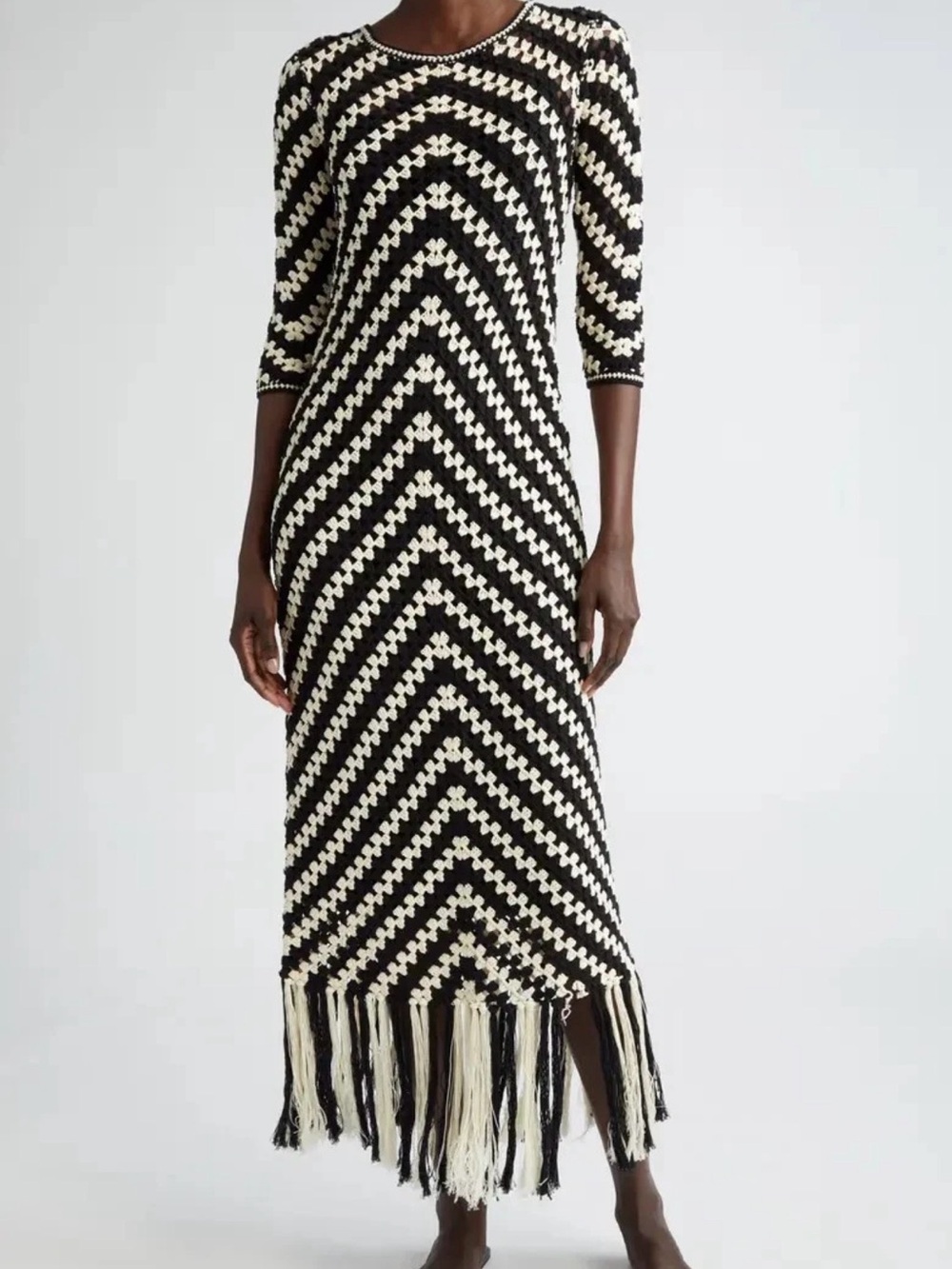 Zimmerman Black & Cream Chevron Fringe Knit Maxi Dress